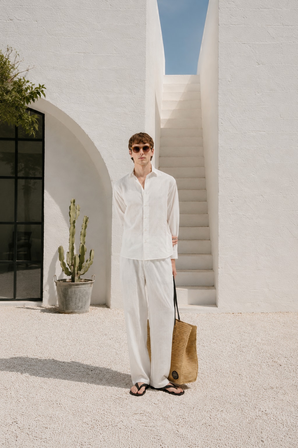 Man in white linen beside a whitewashed staircase